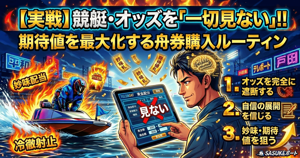 競艇でオッズを見ない買い方を徹底解説した記事のアイキャッチ画像。出走表の数字や展示タイムから期待値を最大化し、自滅を防ぐ5つの舟券購入ルーティンをイメージしたイラスト。